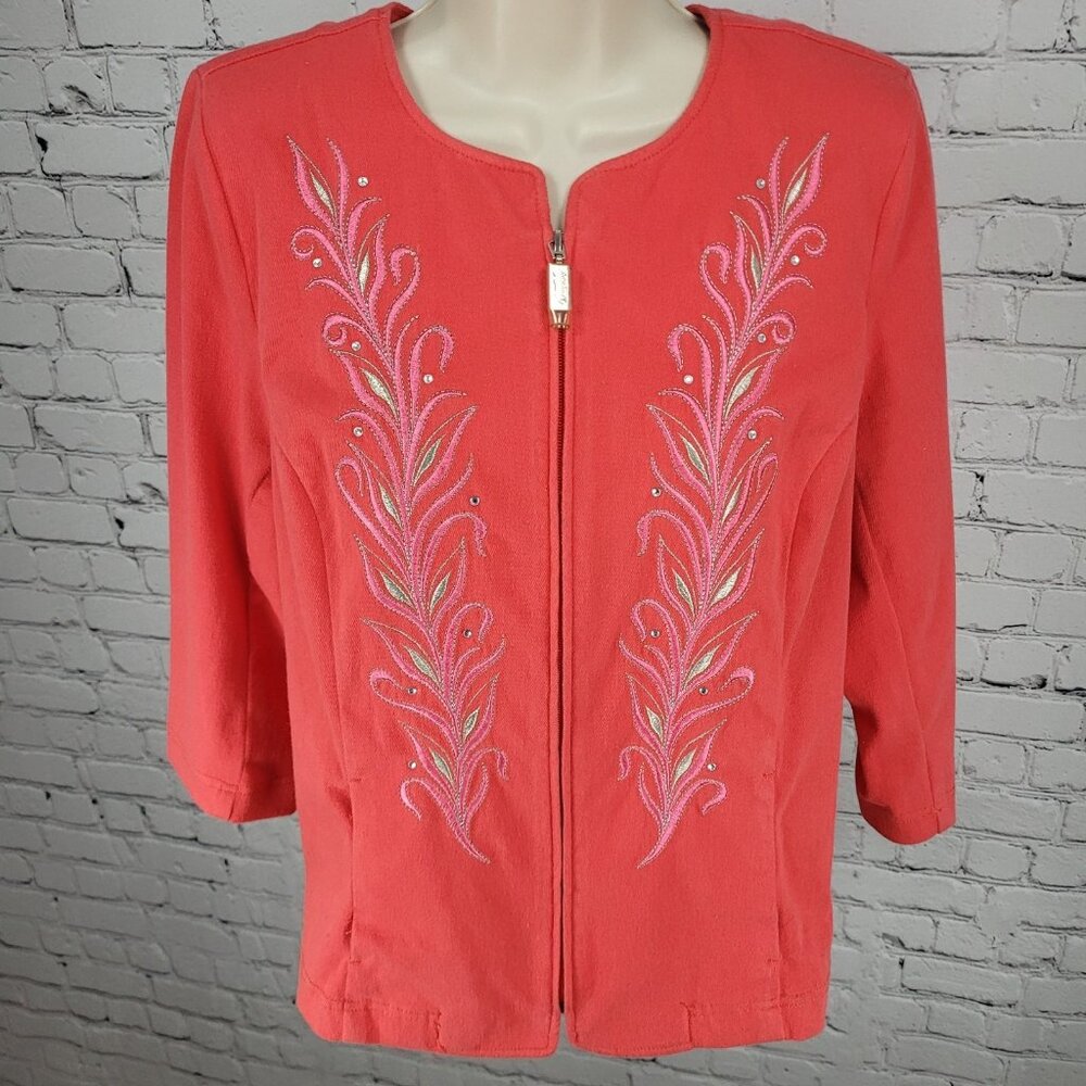 Bob Mackie Smart Denim Pink Embroidery Lightweight Knit Zip Jacket Size Medium M